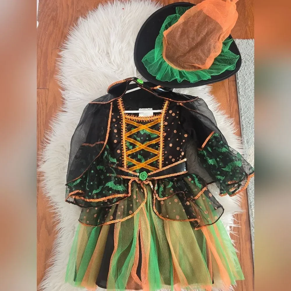 Kids Halloween Witch Costume - Black, Green, and Orange